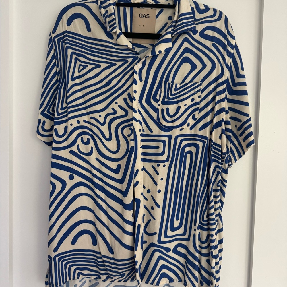 Worn 1x OAS Abstract Blue and Cream Men's Shirt